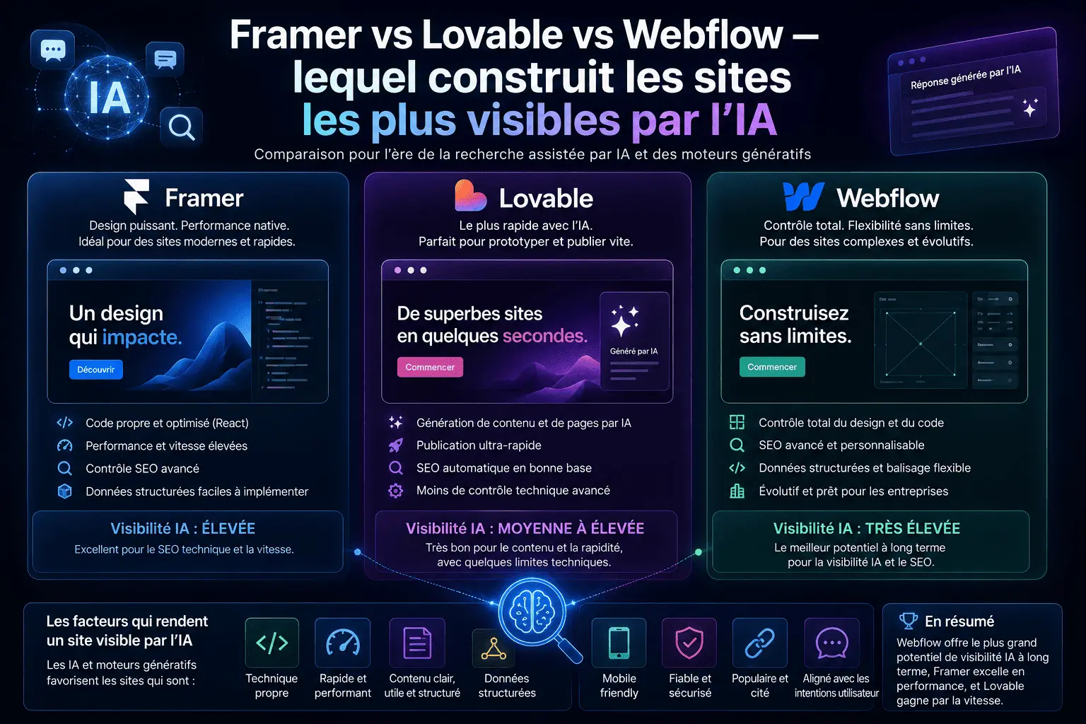 Image de couverture pour “Framer vs Lovable vs Webflow — lequel construit les sites les plus visibles par l'IA ?”