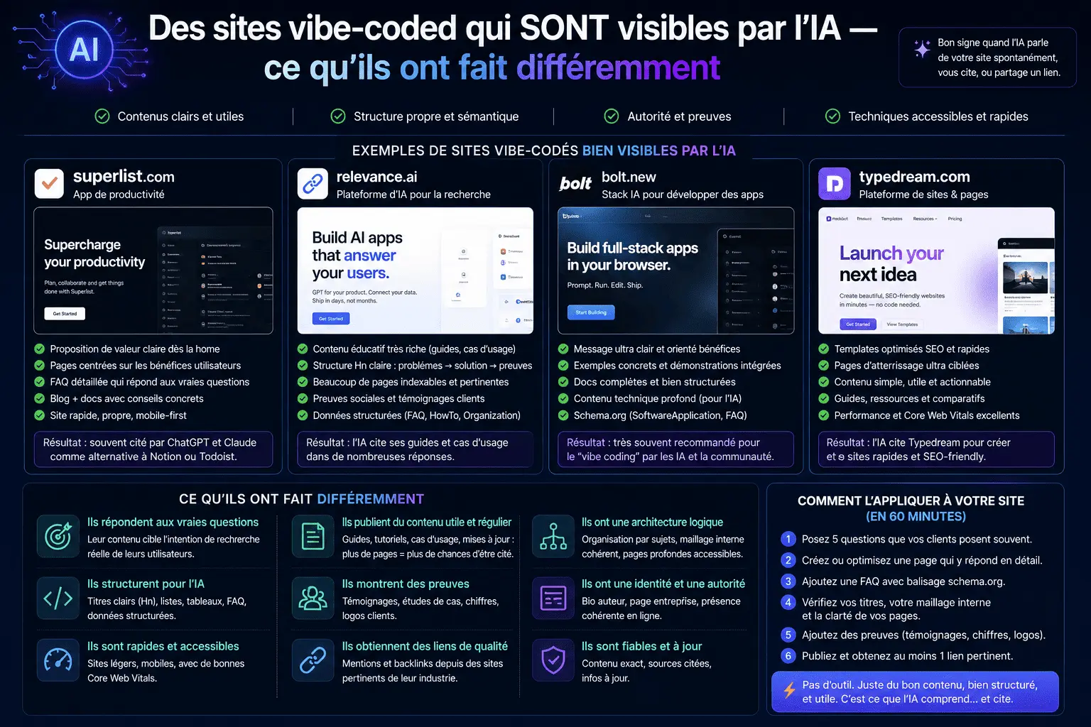 Image de couverture pour “Des sites vibe-coded qui SONT visibles par l'IA — ce qu'ils ont fait différemment”