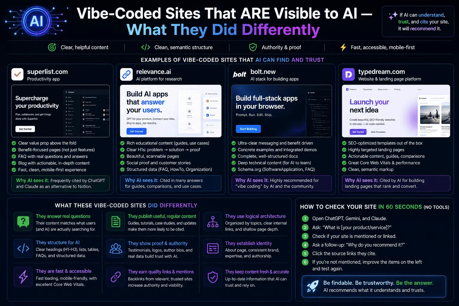Cover image for “Vibe-Coded Sites That ARE Visible to AI — What They Did Differently”